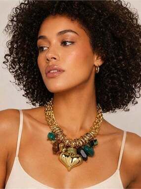 Statement Gold Multi-Chain Heart Pendant Necklace | Chunky Charm Bib Necklace
